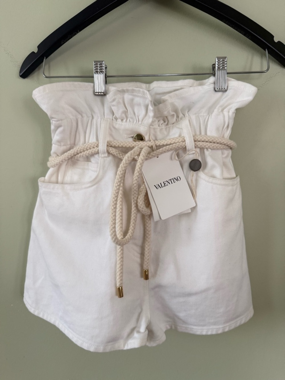 Valentino Cream Paperbag Waist High-Rise Shorts with Rope Belt